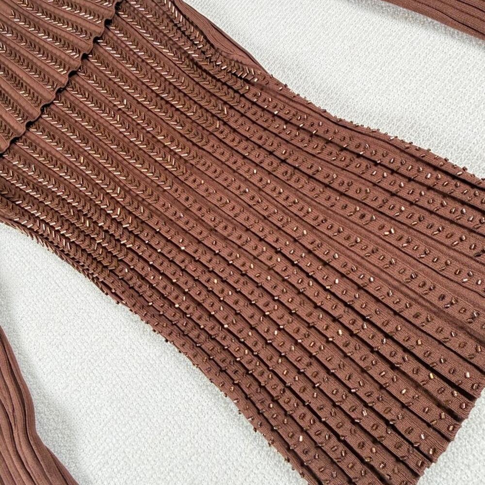 Cache Off Shoulder Ribbed Knit Top Brown Studded Stretch XS Y2K Metallic Trim EU - Picture 3 of 8